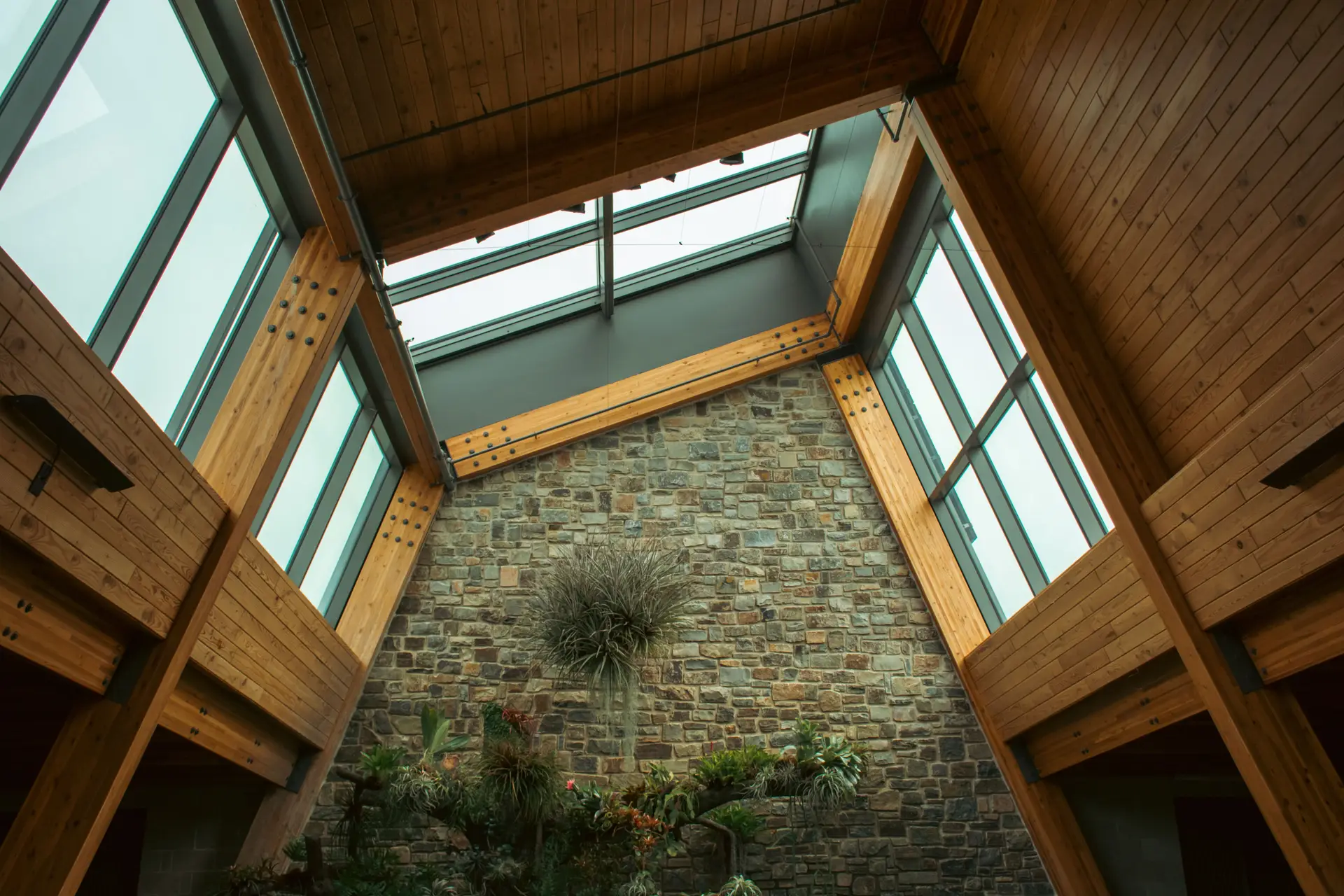 Architectural interior detail featuring natural stone textures and warm ambient daylight