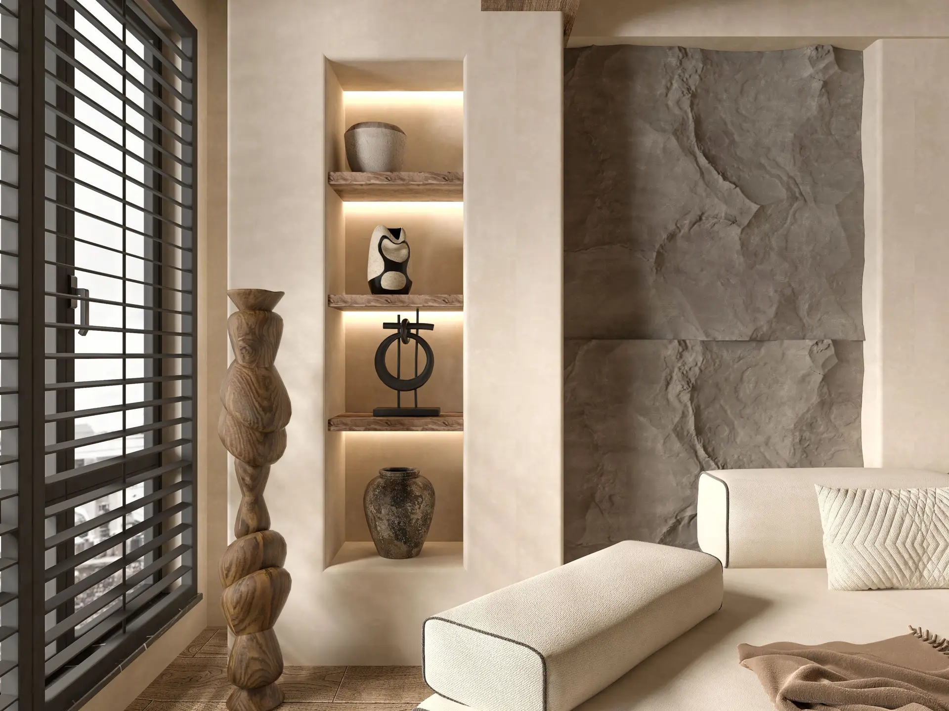 Refined living room interior with contemporary timber and soft neutral textures