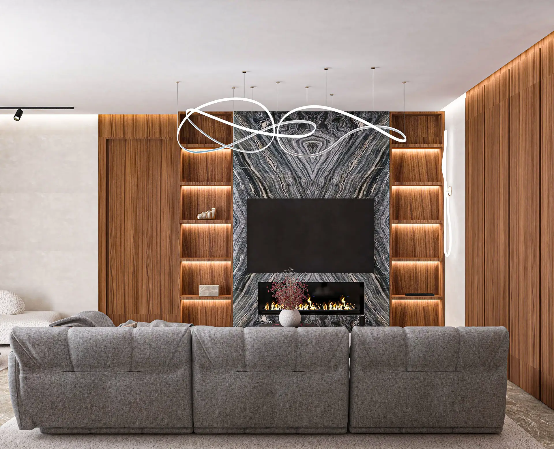 Expansive architectural living hall with warm lighting and integrated hearth