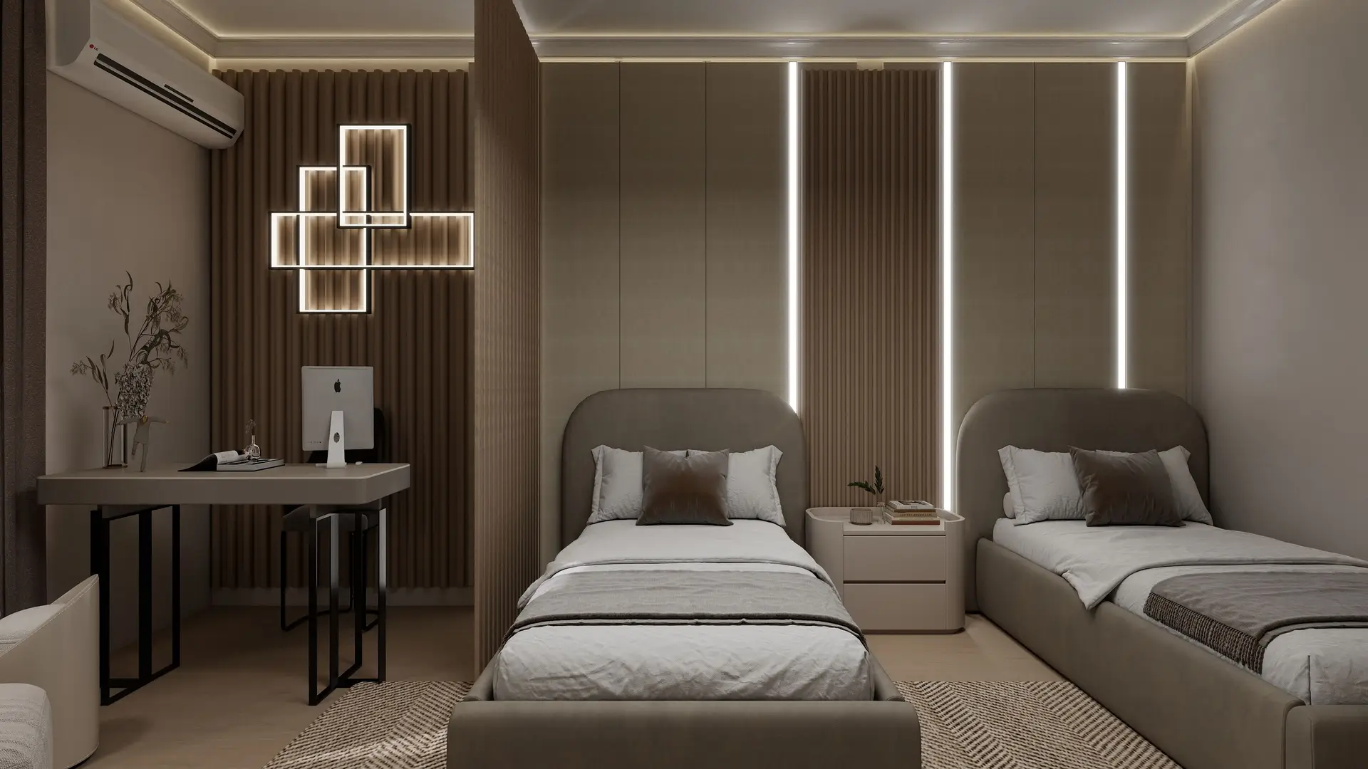 Architectural bedroom pair with symmetric lighting and bespoke joinery