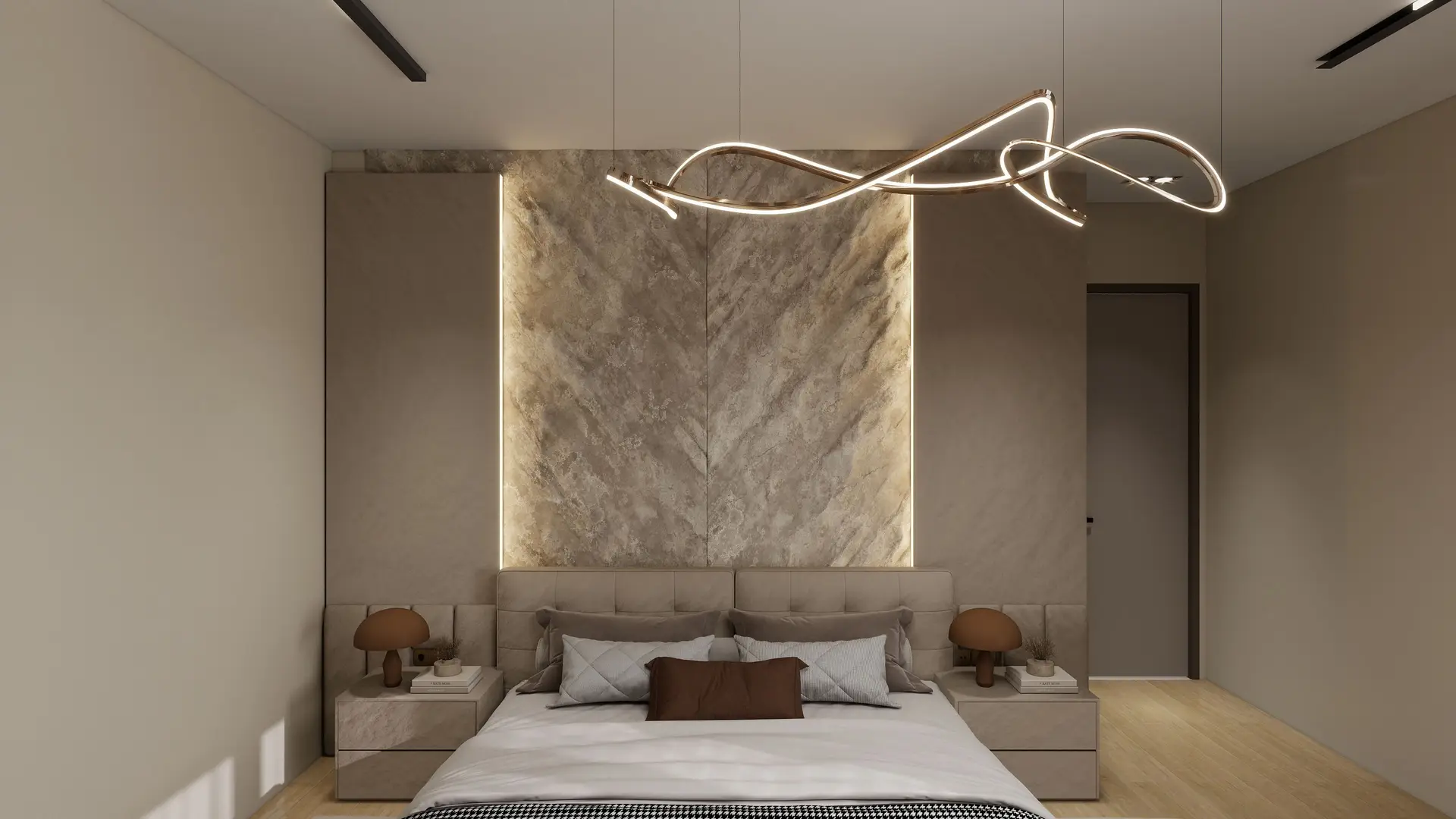 Tactile bedroom study with architectural floor lamp and soft natural linens