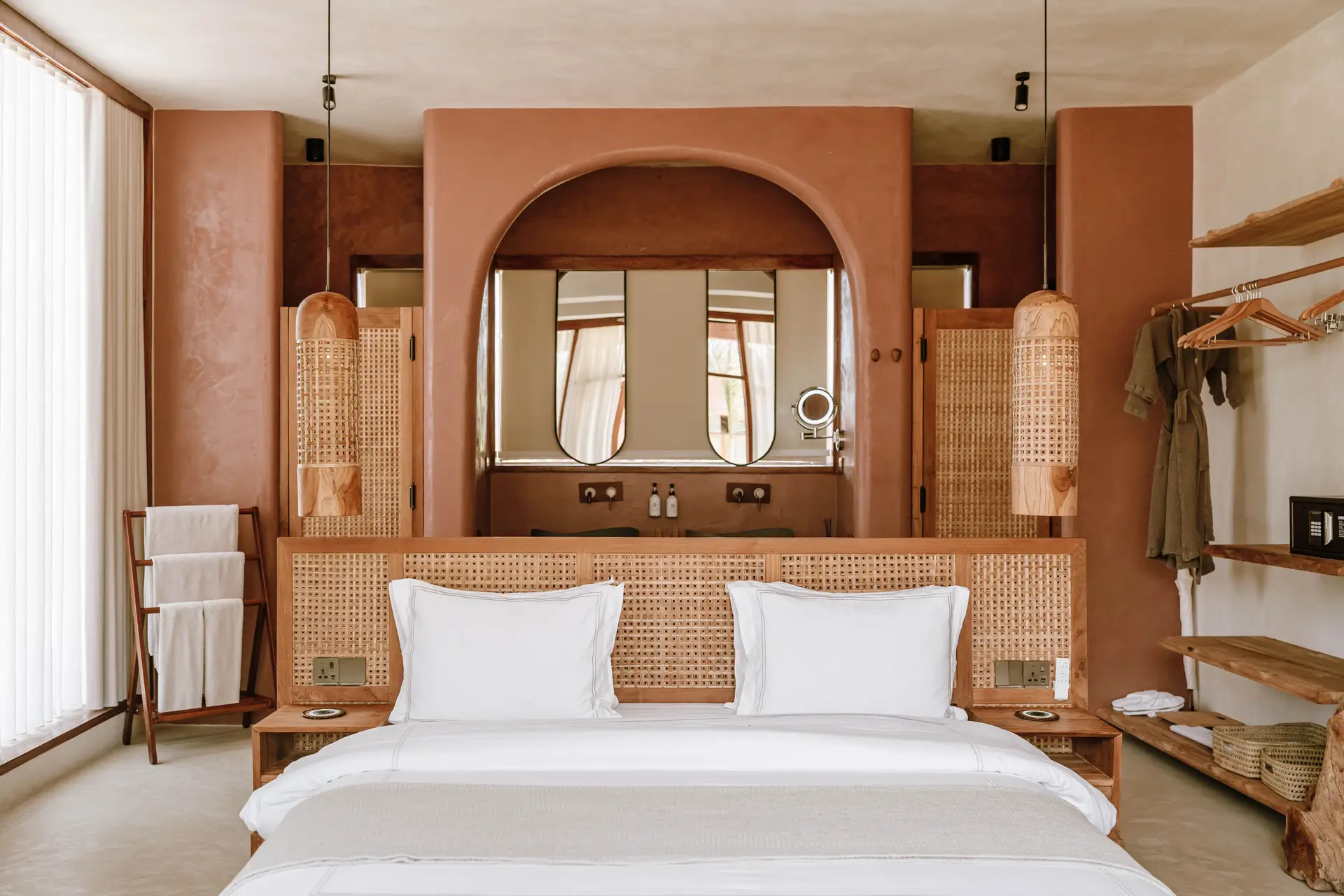 Refined residential interior bedroom with natural textiles and soft morning light