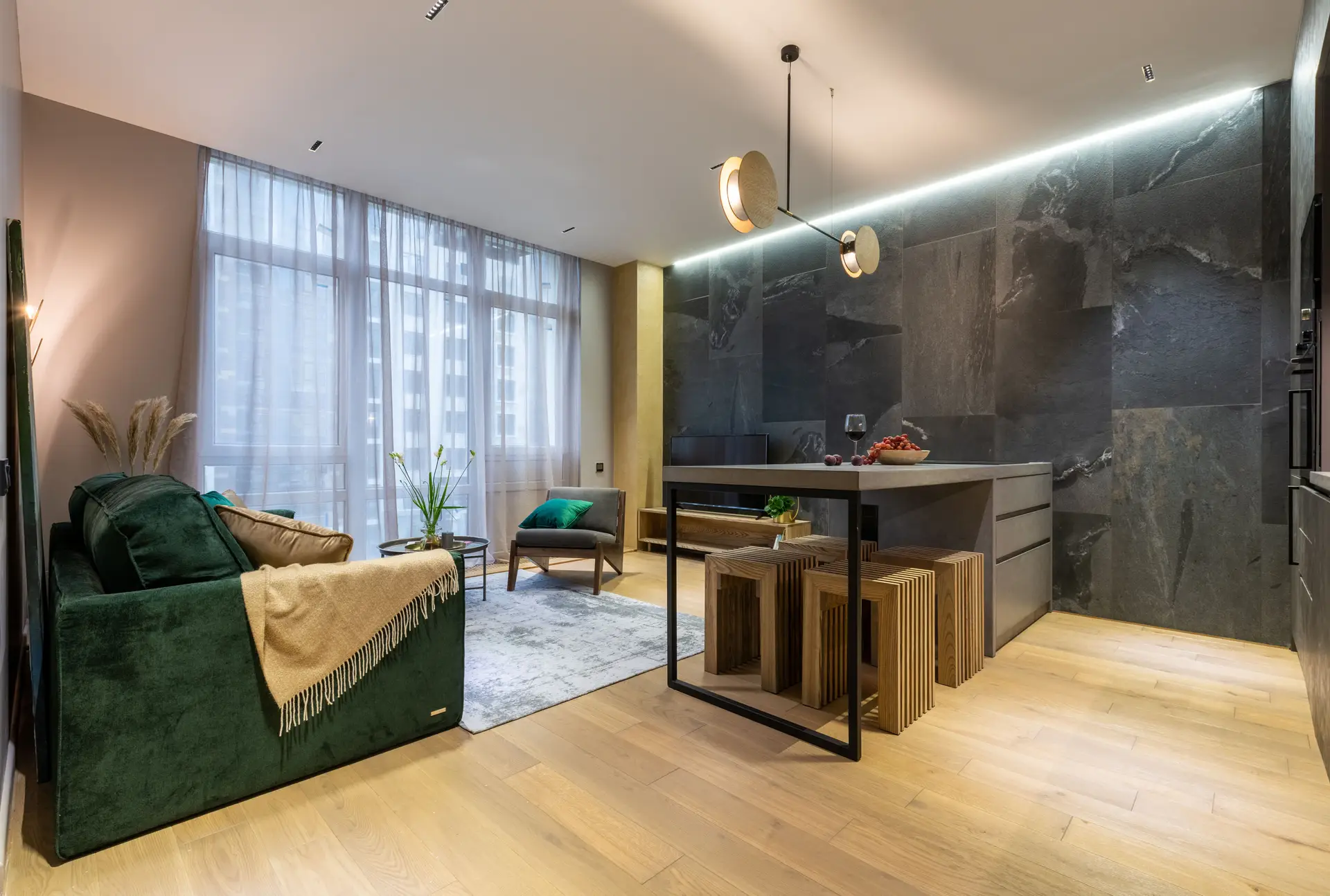 Subtle contemporary apartment interior with sculptural dining table